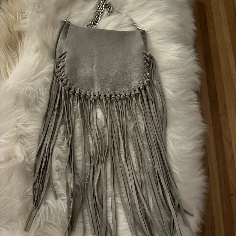 ZARA | western Bobo Chain Plain Leather Fringes Shoulder Bags Light Grey EUC